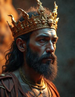 The primary subject of the image is a man wearing a crown and a beard. He is looking at the camera with a serious expression. The setting is a dark room, and the visual style appears to be a close-up of the man's face. The colors in the image are predominantly dark, creating a moody atmosphere.
